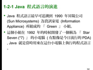 1-2-1 Java 程式語言的演進
 Java 程式語言最早可追溯到 1990 年昇陽公司
(Sun Microsystems) 為資訊家電 (Information
Appliance) 所組成的 『 Green 』 小組。
 這個小組在 1992 年的時候開發了一個稱為 『 Star
Seven (*7) 』 的小電腦 ( 有點像是今日流行的 PDA)
, Java 就是當時用來在這台小電腦上執行的程式語言
。

 
