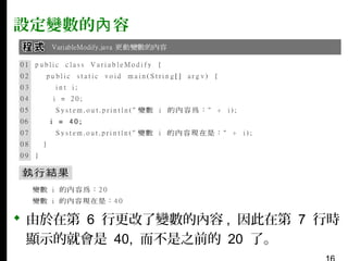 設定變數的內 容

 由於在第 6 行更改了變數的內容 , 因此在第 7 行時
顯示的就會是 40, 而不是之前的 20 了。

 