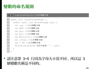 變數的命名規則

 請注意第 3~5 行因為字母大小寫不同 , 所以這 3
個變數名稱是不同的。

 