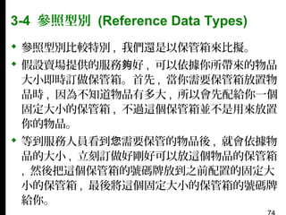 3-4 參照型別 (Reference Data Types)
 參照型別比較特別 , 我們還是以保管箱來比擬。
 假設賣場提供的服務夠好 , 可以依據你所帶來的物品
大小即時訂做保管箱。首先 , 當你需要保管箱放置物
品時 , 因為不知道物品有多大 , 所以會先配給你一個
固定大小的保管箱 , 不過這個保管箱並不是用來放置
你的物品。
 等到服務人員看到您需要保管的物品後 , 就會依據物
品的大小 , 立刻訂做好剛好可以放這個物品的保管箱
, 然後把這個保管箱的號碼牌放到之前配置的固定大
小的保管箱 , 最後將這個固定大小的保管箱的號碼牌
給你。

 