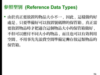 參照型別 (Reference Data Types)
 由於真正要放置的物品大小不一 , 因此 , 這樣做的好
處是 , 只要準備好可以放置號碼牌的保管箱 , 真正需
要放置物品時才把適合這個物品大小的保管箱做好 ,
不但可以應付不同大小的物品 , 而且也可以有效利用
空間 , 不用事先先浪費空間準備足夠存放這類物品的
保管箱。

 