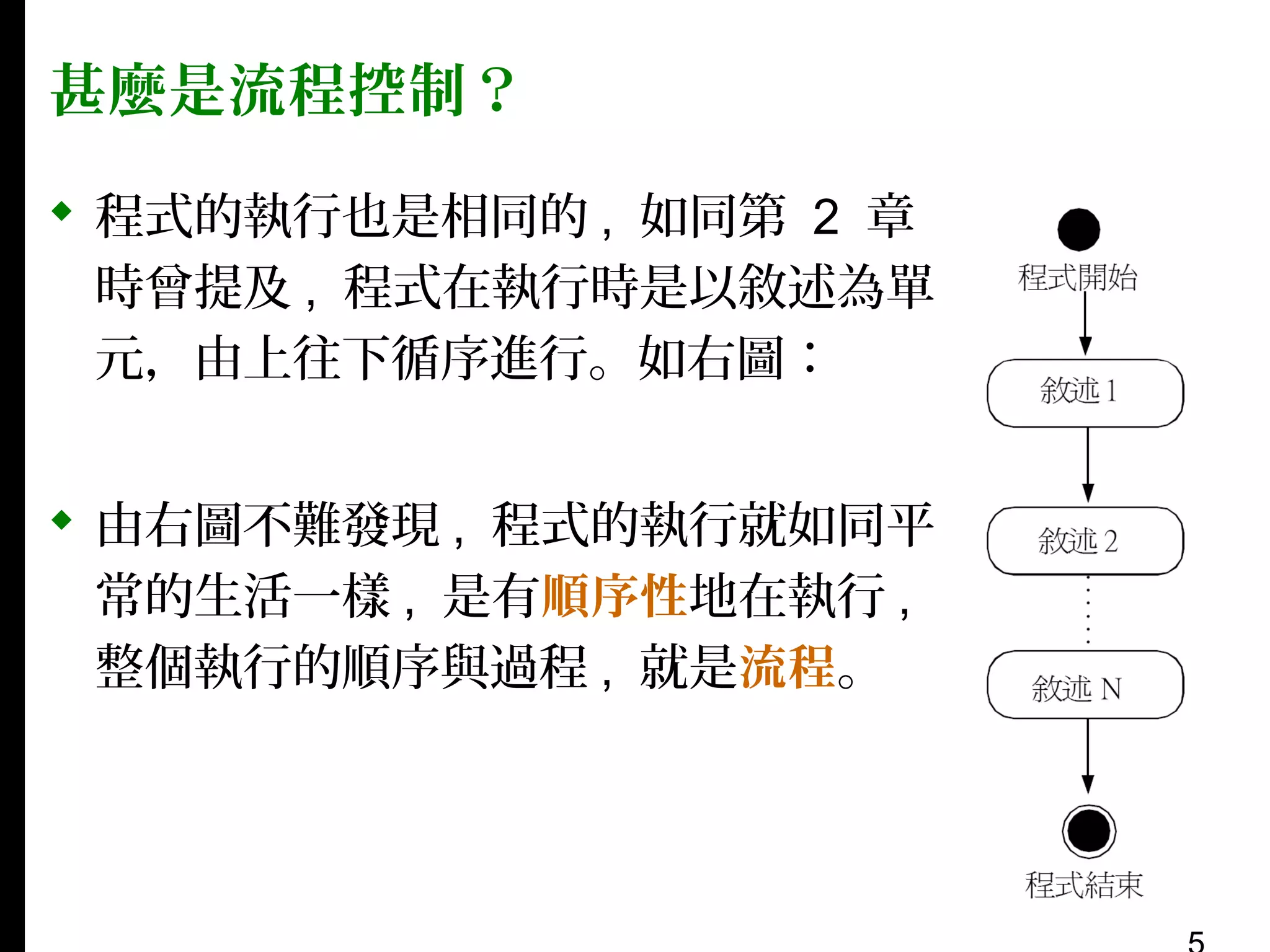 甚麼是流程控制？
 程式的執行也是相同的 , 如同第 2 章
時曾提及 , 程式在執行時是以敘述為單
元，由上往下循序進行。如右圖：
 由右圖不難發現 , 程式的執行就如同平
常的生活一樣 , 是有順序性地在執行 ,
整個執行的順序與過程 , 就是流程。

 