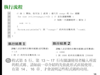 執行流程

▪ 程式第 5 行、第 13 〜 17 行有關讓使用者輸入所需
的程式碼 , 請如前一章介紹的先依此形式直接使用 ,
在第 14 、 16 章 , 才會說明這些程式碼的功用。

 