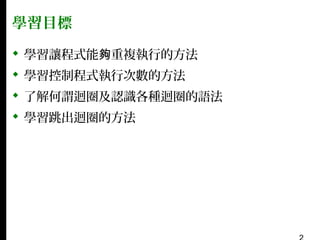 學習目標
 學習讓程式能夠重複執行的方法
 學習控制程式執行次數的方法
 了解何謂迴圈及認識各種迴圈的語法
 學習跳出迴圈的方法

 