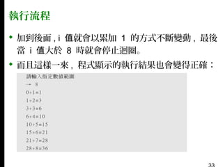 執行流程
 加到後面 , i 值就會以累加 1 的方式不斷變動 , 最後
當 i 值大於 8 時就會停止迴圈。
 而且這樣一來 , 程式顯示的執行結果也會變得正確：

 