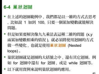 6-4 巢狀 迴圈
 在上述的迴圈範例中 , 我們都是以一維的方式去思考
, 比如說 1 加到 100, 只要一個累加變數就能解決
問題。
 但是如果要解決像九九乘法表這種二維的問題 (x,y
兩累加變數相乘的情況 ), 就必須將使用迴圈的方式
做一些變化 , 也就是使用巢狀 迴圈 (Nested
loops) 。
 巢狀迴圈就是迴圈的大括號之中 , 還有其它迴圈。例
如 for 迴圈中還有 for 迴圈 , 或是 while 迴圈等。
 以下就用實例來說明巢狀迴圈的應用。

 