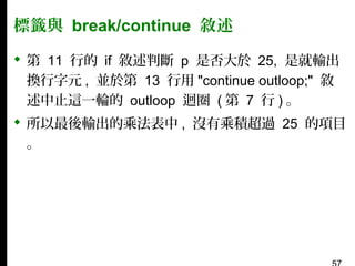標籤與 break/continue 敘述
 第 11 行的 if 敘述判斷 p 是否大於 25, 是就輸出
換行字元 , 並於第 13 行用 "continue outloop;" 敘
述中止這一輪的 outloop 迴圈 ( 第 7 行 ) 。
 所以最後輸出的乘法表中 , 沒有乘積超過 25 的項目
。

 