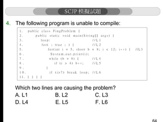 4. The following program is unable to compile:

Which two lines are causing the problem?
A. L1
B. L2
C. L3
D. L4
E. L5
F. L6

 