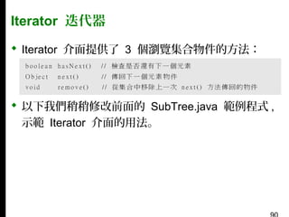 Iterator 迭代器
 Iterator 介面提供了 3 個瀏覽集合物件的方法：

 以下我們稍稍修改前面的 SubTree.java 範例程式 ,
示範 Iterator 介面的用法。

 