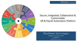Secure, Integrated, Collaborative &
Customizable
HR & Payroll Automation Platform
©SysMates Technologies
Gurgaon, Haryana, India
Singapore
UK Representative Office
HRMates confidential
 