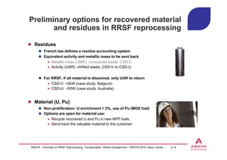 Preliminary options for recovered material
and residues in RRSF reprocessing
Residues
French law defines a residue accounting system
Equivalent activity and metallic mass to be sent back
• Metallic mass (UMR): compacted waste, CSD-C
• Activity (UAR): vitrified waste, CSD-V or CSD-U
For RRSF, if all material is dissolved, only UAR to return
• CSD-V: <2kW (case study: Belgium)
• CSD-U: ~50W (case study: Australia)
Material (U, Pu)
Non-proliferation: U enrichment < 2%, use of Pu (MOX fuel)
Options are open for material use:
• Recycle recovered U and Pu in new NPP fuels
• Send back the valuable material to the customer
AREVA - Overview on RRSF Reprocessing, Transportation, Waste management – RERTR-2015, Seoul, Korea p.14
 