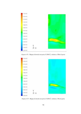 91
Figura 4-18 – Mappa di densità energetica P [W/m2
], valutata a 100m di quota.
Figura 4-19 – Mappa di densità energetica P [W/m2
], valutata a 50m di quota.
 