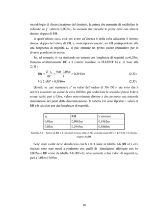 38
metodologie di discretizzazione del dominio, la prima che permette di soddisfare le
richieste su y+
(altezza 0,002m), la seconda che prevede le prime celle con altezza
almeno doppia di RH.
In quest’ultimo caso, cioè per avere un’altezza h della cella adiacente il terreno
almeno doppia del valore di RH, e, contemporaneamente, un RH corrispondente alla
una lunghezza di rugosità z0, si può ottenere un primo valore orientativo per le
diverse grandezze in esame.
Se, ad esempio, si sta studiando un terreno con lunghezza di rugosità z0=0,03m,
fissiamo arbitrariamente RC a 1 (valore massimo in FLUENT 6) e, in base alla
(2.31):
m
m
RC
zE
RH 2943,0
1
03,081,90
=
⋅
=
⋅
≈ (2.32)
mRHh 5886,02 =⋅≥ (2.33)
Quindi, se per mantenere y+
su valori dell’ordine di 30÷130 si era visto che h
doveva assumere un valore di circa 0,002m, per soddisfare la seconda ipotesi h deve
essere scelto pari a 0,6m, valore notevolmente diverse e che permette una notevole
diminuzione dei punti della discretizzazione. In tabella 2-6 sono riportati i valori di
RH e h calcolati per due lunghezze di rugosità.
z0 RH h minimo
0,01m 0,0981m 0,1962m
0,03m 0,2943m 0,5886m
Tabella 2-6 – Valori di RH e h calcolati in base alla (2.31), considerando RC=1, E=9,81 e h minimo
doppio di RH.
Sono state svolte delle simulazioni con h e RH come in tabella 2-6 (RC=1), ed i
risultati sono stati messi a confronto con quelli di simulazioni effettuate con h=
0,002m e RH come da tabella 2-6 (RC=1), relativamente a due valori di rugosità z0,
pari a 0,01m e 0,03m
 