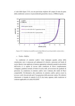 46
si vede dalla figura 2-10, con una previsione migliore del campo di moto da parte
della condizione symmetry in prossimità del geostrofico stesso, a 1000m di quota.
z0 0,01m
u* 0,588 m/s
0
100
200
300
400
500
600
700
800
900
1000
0 2 4 6 8 10 12 14 16 18
velocità u [m/s]
quotaz[m]
ingresso (log-law)
h 0,1m RH 0,03m RC 0,7 geostrofico vel-inlet
h 0,1m RH 0,03m RC 0,7 geo.symmetry
Figura 2-10 – Confronto tra profili in uscita (dopo 6km) nel caso di geostrofico velocity inlet e
symmetry.
Uscita – Outflow
La condizione al contorno outflow viene impiegata quando, prima della
simulazione, non si conoscono gli andamenti di velocità e pressione nel bordo di
uscita. Questa viene applicata in maniera appropriata solamente quando in prossimità
dell’uscita ci si aspetta di trovare delle condizioni di flusso completamente
sviluppato, gradienti normali al bordo di uscita nulli, ad eccezione dei gradienti di
pressione. La condizione al contorno outflow non è indicata allo studio di flussi
comprimibili. Un’alternativa alla condizione al contorno outflow poteva essere la
pressure outlet che prevede però l’assegnazione della pressione statica. Per ulteriori
chiarimenti si rimanda al capitolo 6 di [3] che tratta, appunto, delle condizioni al
contorno applicabili col codice FLUENT.
 