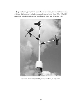 63
In questo lavoro, per verificare le simulazioni numeriche, nel caso bidimensionale
si è fatto riferimento ai risultati sperimentali riportati nelle figure 3.4 e 3.5 di [5]
mentre, nel tridimensionale, si sono considerate le figure 10a, 10b e 11 di [11].
Figura 3-5 – Anemometro Gill UVW prodotto dalla NovaLynx Corporation.
 