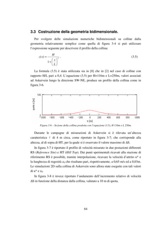 64
3.3 Costruzione della geometria bidimensionale.
Per svolgere delle simulazioni numeriche bidimensionali su colline dalla
geometria relativamente semplice come quella di figura 3-4 si può utilizzare
l’espressione seguente per descrivere il profilo della collina:
2
1
)(






+
=
L
x
H
xz . (3.5)
La formula (3.5) è stata utilizzata sia in [8] che in [2] nel caso di colline con
rapporto H/L pari a 0,4. L’equazione (3.5) per H=116m e L=250m, valori associati
ad Askervein lungo la direzione SW-NE, produce un profilo della collina come in
figura 3-6.
Figura 3-6 – Sezione della collina prodotta con l’equazione (3.5), H 116m e L 250m.
Durante le campagne di misurazioni di Askervein si è rilevata un’altezza
caratteristica di 4 m circa, come riportato in figura 3-7; che corrisponde alla
altezza, al di sopra di HT, per la quale si è osservato il valore massimo di ∆S.
In figura 3-7 è riportato il profilo di velocità misurato in due postazioni differenti
RS (Reference Site) e HT (Hill Top). Dai punti sperimentali ricavati alla stazione di
riferimento RS è possibile, tramite interpolazione, ricavare la velocità d’attrito u* e
la lunghezza di rugosità z0 che risultano pari, rispettivamente, a 0,65 m/s ed a 0,03m.
Le simulazioni 2D sulla collina di Askervein sono allora state eseguite con tali valori
di u* e z0.
In figura 3-8 è invece riportato l’andamento dell’incremento relativo di velocità
∆S in funzione della distanza dalla collina, valutato a 10 m di quota.
 