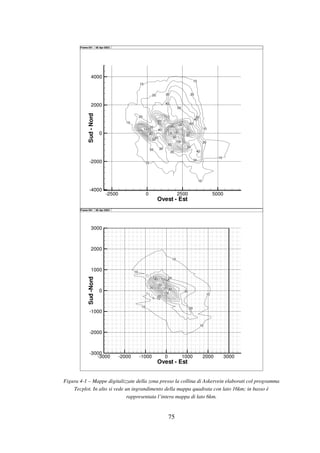 75
10
10
10
10
10
10
10
20
20
20 20
20
20
30
30
30
30
30
40
40
40
40
40
50
60
50
50
50
60 60
60
70
70
70
80
80
80
90
9090
100
100
100 110
120
130 140
140
Ovest - Est
Sud-Nord
-2500 0 2500 5000
-4000
-2000
0
2000
4000
Frame 001  08 Apr 2003 Frame 001  08 Apr 2003 
10
10
10
10
10
10
20
20
20
30
30
405060
7080
90
100
120
120
Ovest - Est
Sud-Nord
-3000 -2000 -1000 0 1000 2000 3000
-3000
-2000
-1000
0
1000
2000
3000
Frame 001  08 Apr 2003 Frame 001  08 Apr 2003 
Figura 4-1 – Mappe digitalizzate della zona presso la collina di Askervein elaborati col programma
Tecplot. In alto si vede un ingrandimento della mappa quadrata con lato 16km; in basso è
rappresentata l’intera mappa di lato 6km.
 