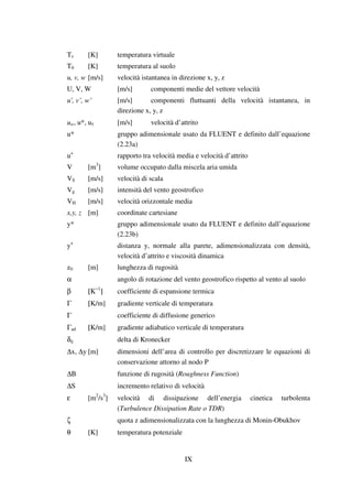 IX
Tv [K] temperatura virtuale
T0 [K] temperatura al suolo
u, v, w [m/s] velocità istantanea in direzione x, y, z
U, V, W [m/s] componenti medie del vettore velocità
u', v’, w’ [m/s] componenti fluttuanti della velocità istantanea, in
direzione x, y, z
uw, u*, uτ [m/s] velocità d’attrito
u* gruppo adimensionale usato da FLUENT e definito dall’equazione
(2.23a)
u+
rapporto tra velocità media e velocità d’attrito
V [m3
] volume occupato dalla miscela aria umida
VS [m/s] velocità di scala
Vg [m/s] intensità del vento geostrofico
VH [m/s] velocità orizzontale media
x,y, z [m] coordinate cartesiane
y* gruppo adimensionale usato da FLUENT e definito dall’equazione
(2.23b)
y+
distanza y, normale alla parete, adimensionalizzata con densità,
velocità d’attrito e viscosità dinamica
z0 [m] lunghezza di rugosità
α angolo di rotazione del vento geostrofico rispetto al vento al suolo
β [Κ−1
] coefficiente di espansione termica
Γ [K/m] gradiente verticale di temperatura
Γ coefficiente di diffusione generico
Γad [K/m] gradiente adiabatico verticale di temperatura
δij delta di Kronecker
∆x, ∆y [m] dimensioni dell’area di controllo per discretizzare le equazioni di
conservazione attorno al nodo P
∆B funzione di rugosità (Roughness Function)
∆S incremento relativo di velocità
ε [m2
/s3
] velocità di dissipazione dell’energia cinetica turbolenta
(Turbulence Dissipation Rate o TDR)
ζ quota z adimensionalizzata con la lunghezza di Monin-Obukhov
θ [K] temperatura potenziale
 