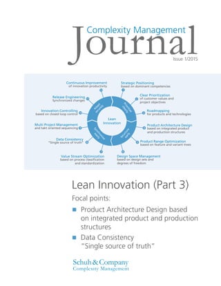 Schuh & Company
Complexity Management
Issue 1/2015
JournalComplexity Management
Lean Innovation (Part 3)
Product Architecture Design based
on integrated product and production
structures
Data Consistency
“Single source of truth”
Focal points:
 