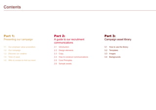 Part 1:
Presenting our campaign
Part 2:
A guide to our recruitment
communications
Part 3:
Campaign asset library
1.1	 Our employer value proposition
1.2	 Our campaign
1.3	 Discover our creative
1.4	 Tone of voice
1.5	 Who to contact to find out more
2.1	Introduction
2.2	 Design elements
2.3	Copy
2.4	 How to construct communications
2.5	 Core Principles
2.6	 Sample assets
3.1	 How to use the library
3.2	Templates
3.3	Images
3.4	Backgrounds
Contents
 