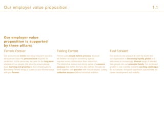 Our employer value
proposition is supported
by three pillars:
Ferrero Forever
Our products are iconic and enjoy long term success
because we have the perseverance required for
perfection. In the same way, we care for the long term
interests of our people. We strive to ensure people
keep learning and growing as the company grows.
Becoming Ferrero brings a quality to your life that stays
with you forever.
Feeling Ferrero
Ferrero puts people before process, because
we believe striving for something special
requires more collaboration than instruction.
The distinctive values and strong sense of common
purpose that define Ferrero also defines the way we
work together, with passion, with mutual respect, putting
collective success before individual ambition.
Fast Forward
Our products are enjoyed all over the world and
our organization is becoming rapidly global as it
welcomes an increasingly diverse range of talented
new people into our extended family. Our continued
growth in new markets presents exciting challenges
for our people, alongside significant opportunities for
career development and mobility.
Our employer value proposition 1.1
 
