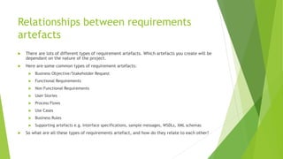 Relationships between requirements
artefacts
 There are lots of different types of requirement artefacts. Which artefacts you create will be
dependant on the nature of the project.
 Here are some common types of requirement artefacts:
 Business Objective/Stakeholder Request
 Functional Requirements
 Non Functional Requirements
 User Stories
 Process Flows
 Use Cases
 Business Rules
 Supporting artefacts e.g. Interface specifications, sample messages, WSDLs, XML schemas
 So what are all these types of requirements artefact, and how do they relate to each other?
 