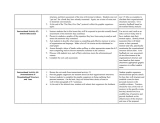  
structure, and their assessment of the tone with textual evidence.  Students may not 
“get one” for a book they have already examined.  Again, use a timer of some sort 
to moderate conversations.   
3. At the end of the “Get One, Give One” protocol, collect the graphic organizers 
again. 
use 3­5 titles as examples to 
elucidate their organizational 
structures and tones.  Give 
narrative feedback based on 
the teacher/library analysis.   
Instructional Activity #3: 
Debrief/Discussion 
1. Instruct students that in this lesson they will be expected to provide textually based 
assessments of the memoirs they examined.  
2. Present to students a graphic of the organizer they have been using to analyze and 
assess the memoirs they examined. 
3. Ask students to describe what makes a compelling and effective memoir in terms 
of organization and language.  Make a list of 5­6 criteria on the whiteboard or 
chart paper.   
4. Assess through a show of hands, online polling, or other appropriate means the 4­5 
most compelling and/or effective memoirs examined in the carousel. 
5. Discuss with students how each of their selections meets the aforementioned 
criteria.   
6. Complete the exit card assessment. 
Use an exit card, such as an 
index card or sticky note to 
have students state their 
memoir topics,  identify which 
memoir(s) they will likely 
mimic in their personal 
memoir and why, specifically 
mentioning the organizational 
structure and the tone.  Give 
feedback on your assessment 
of the effectiveness of the 
organizational structure and 
tone based on their topics. 
Determine appropriate graphic 
organizers to collect student 
ideas. 
Instructional Activity #4: 
Determination of 
Organizational Structure 
and Tone 
1. Return the exit cards from instructional activity #3.   
2. Provide graphic organizers for students based on their organizational structures. 
3. Instruct students to complete the graphic organizers to being outlining their 
personal memoirs.  On the back, they will defend their choice of tone in 
well­written paragraph of 5­7 sentences.  
4. At the end of the allotted time, students will submit their organizers for feedback. 
 
Student graphic organizers 
should include specific details 
for how they will structure and 
establish a tone for their 
personal memoirs with 
credible evidence.  Teachers 
should be wary of the role of 
memory in the specific events, 
but they should look for a 
credible line of narrative and 
provide feedback on the 
effectiveness of the structure 
and tone of the proposal. 
 
 