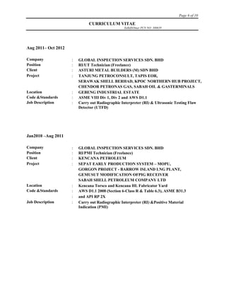 Page 6 of 10
CURRICULUM VITAE
ZulkifliOmar PCN NO: 300639
Aug 2011– Oct 2012
Company  GLOBAL INSPECTION SERVICES SDN. BHD
Position  RI/UT Technician (Freelance)
Client  ASTURI METAL BUILDERS (M) SDN BHD
Project  TANJUNG PETROCONSULT, TAPIS EOR,
SERAWAK SHELL BERHAD, KPOC NORTHERN HUB PROJECT,
CHENDOR PETRONAS GAS, SABAH OIL & GASTERMINALS
Location  GEBENG INDUSTRIAL ESTATE
Code &Standards  ASME VIII Div 1, Div 2 and AWS D1.1
Job Description  Carry out Radiographic Interpreter (RI) & Ultrasonic Testing Flaw
Detector (UTFD)
Jan2010 –Aug 2011
Company  GLOBAL INSPECTION SERVICES SDN. BHD
Position  RI/PMI Technician (Freelance)
Client  KENCANA PETROLEUM
Project  SEPAT EARLY PRODUCTION SYSTEM – MOPU,
GORGON PROJECT - BARROW ISLAND LNG PLANT,
GEMUSUT MODIFICATION OFPIG RECEIVER
SABAH SHELL PETROLEUM COMPANY LTD
Location  Kencana Torsco and Kencana HL Fabricator Yard
Code &Standards  AWS D1.1 2008 (Section 6-Class R & Table 6.3), ASME B31.3
 and API RP 2X
Job Description  Carry out Radiographic Interpreter (RI) &Positive Material
Indication (PMI)
 