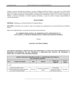 17 de Junio de 2016 GACETA OFICIAL DE LA CIUDAD DE MÉXICO 11
Trámites y Servicios del Manual de Trámites y Servicios al Público del Distrito Federal y como aparece en el Portal Web
Oficial de Trámites y Servicios del Distrito Federal (Trámites CDMX), por lo que no podrá modificarse o alterarse en forma
alguna, sin cumplir previamente el procedimiento de actualización, modificación o baja a que se refiere el Manual de
Trámites y Servicios multicitado, ni solicitar requisitos adicionales, so pena de incurrir en alguna responsabilidad de
carácter administrativa.
TRANSITORIOS
PRIMERO.- Publíquese en la Gaceta Oficial de la Ciudad de México.
SEGUNDO.- El Presente aviso, entrará en vigor el día siguiente de su publicación en la Gaceta Oficial de la Ciudad de
México.
Dado en la Ciudad de México, el ocho del mes de junio de dos mil dieciséis.
EL COORDINADOR GENERAL DE MODERNIZACIÓN ADMINISTRATIVA Y
TITULAR DE LA UNIDAD DE MEJORA REGULATORIA DEL DISTRITO FEDERAL
(Firma)
OLIVER CASTAÑEDA CORREA
LISTADO DE TRÁMITES Y SERVICIOS QUE HAN OBTENIDO LA CONSTANCIA DE INSCRIPCIÓN EN EL
REGISTRO ELECTRÓNICO DE LOS TRÁMITES Y SERVICIOS DEL MANUAL DE TRÁMITES Y
SERVICIOS AL PÚBLICO DEL DISTRITO FEDERAL
ÍNDICE TEMÁTICO POR ÓRGANO DE LA ADMINISTRACIÓN PÚBLICA
DEL DISTRITO FEDERAL
No. Nombre del Trámite Tipo Materia
Órgano que
Registra
No. de
Anexo
1 a 672…
673
Atención de trabajo social y
psicoterapéutica a personas agresoras
en casos de violencia familiar
Servicio
Asesorías y Asistencia
Social
Procuraduría
General de Justicia
del Distrito Federal
Sin anexo
 
