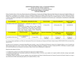 ADMINISTRACIÓN PÚBLICA DE LA CIUDAD DE MÉXICO
SECRETARIA DEL MEDIO AMBIENTE
SISTEMA DE AGUAS DE LA CIUDAD DE MÉXICO
LICITACIÓN PÚBLICA NACIONAL
CONVOCATORIA 028
El Ing. Fernando Alonzo Ávila Luna, Director Ejecutivo de Planeación y Construcción del Órgano Desconcentrado Sistema de Aguas de la Ciudad de México, en
observancia a lo dispuesto en los Artículos 134 de la Constitución Política de los Estados Unidos Mexicanos, 24 y 28 de la Ley de Obras Públicas del Distrito
Federal y de conformidad con las facultades conferidas en el Manual Administrativo del Sistema de Aguas de la Ciudad de México, convoca a las personas físicas
y morales interesadas en participar en las Licitaciones de carácter nacional para la contratación de las acciones que a continuación se describen de conformidad
con lo siguiente:
No. de licitación Descripción y ubicación de la obra Fecha de inicio Fecha de terminación Capital Contable
requerido
SACMEX-LP-025-2016 Rehabilitación y sustitución de atarjeas en varias
delegaciones.
Rehabilitación de atarjea sobre las calles: Ciprés,
Pino, y prolongación chopo desde Río Consulado
hasta Av. De las Torres y sobre Calle 4 desde Ciprés
hasta Calle Geranio, Colonia Arenal, delegación
Azcapotzalco, Ciudad de México.
25-Julio-2016 24-Diciembre-2016 $6,200,000.00
No. de licitación Costo de las bases Fecha límite para
adquirir bases
Junta de Aclaraciones Visita al lugar de la obra
o los trabajos
Acto de Sesión de
Presentación de
Propuestas
SACMEX-LP-025-2016
Costo en Dependencia:
$2,000.00 21-Junio-2016 01-Julio-16
10:00 Hrs.
27-Junio-16
09:00 Hrs.
07-Julio-16
10:00 Hrs.
Los recursos fueron aprobados con Oficio de Autorización Previa de la Secretaría de Finanzas del Distrito Federal número SFDF/SE/0053/2016 de fecha 06 de
enero de 2016.
Las bases de las Licitaciones se encuentran disponibles para consulta y venta en las Oficinas del Sistema de Aguas de la Ciudad de México, sito en Avenida José
María Izazaga número 89, 4º piso, Colonia Centro, Código Postal 06080, Delegación Cuauhtémoc, de lunes a viernes de 09:00 a 14:00 horas, lo anterior a partir
de la fecha de publicación de la presente convocatoria y hasta la fecha límite señalada para su adquisición.
Requisitos para adquirir las bases:
1. La adquisición es directa en las oficinas del Sistema de Aguas de la Ciudad de México.
1.1 Constancia del Registro de Concursante emitido por la Secretaria de Obras y Servicios y que cumpla con el capital contable solicitado; entregar copia legible
y presentar original para cotejo.
1.2 Mediante cheque certificado o de caja, expedido a favor del Gobierno del Distrito Federal/Secretaria de Finanzas/Tesorería del Distrito Federal con cargo a
una institución de crédito autorizada para operar en la Ciudad de México, o bien
 