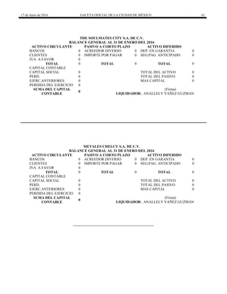 17 de Junio de 2016 GACETA OFICIAL DE LA CIUDAD DE MÉXICO 43
THE SOULMATES CITY S.A. DE C.V.
BALANCE GENERAL AL 31 DE ENERO DEL 2016
ACTIVO CIRCULANTE PASIVO A CORTO PLAZO ACTIVO DIFERIDO
BANCOS 0 ACREEDOR DIVERSO 0 DEP. EN GARANTIA 0
CLIENTES 0 IMPORTE POR PAGAR 0 SEG.PAG. ANTICIPADO 0
IVA A FAVOR 0
TOTAL 0 TOTAL 0 TOTAL 0
CAPITAL CONTABLE
CAPITAL SOCIAL 0 TOTAL DEL ACTIVO 0
PERD. 0 TOTAL DEL PASIVO 0
EJERC.ANTERIORES 0 MAS CAPITAL 0
PERDIDA DEL EJERCICIO 0
SUMA DEL CAPITAL
CONTABLE
0
(Firma)
LIQUIDADOR:. ANALLELY YAÑEZ GUZMAN
METALES CHELCY S.A. DE C.V.
BALANCE GENERAL AL 31 DE ENERO DEL 2016
ACTIVO CIRCULANTE PASIVO A CORTO PLAZO ACTIVO DIFERIDO
BANCOS 0 ACREEDOR DIVERSO 0 DEP. EN GARANTIA 0
CLIENTES 0 IMPORTE POR PAGAR 0 SEG.PAG. ANTICIPADO 0
IVA A FAVOR 0
TOTAL 0 TOTAL 0 TOTAL 0
CAPITAL CONTABLE
CAPITAL SOCIAL 0 TOTAL DEL ACTIVO 0
PERD. 0 TOTAL DEL PASIVO 0
EJERC.ANTERIORES 0 MAS CAPITAL 0
PERDIDA DEL EJERCICIO 0
SUMA DEL CAPITAL
CONTABLE
0
(Firma)
LIQUIDADOR:. ANALLELY YAÑEZ GUZMAN
 