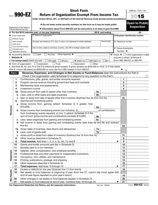 Form 990-EZ
Department of the Treasury
Internal Revenue Service
Short Form
Return of Organization Exempt From Income Tax
Under section 501(c), 527, or 4947(a)(1) of the Internal Revenue Code (except private foundations)
▶ Do not enter social security numbers on this form as it may be made public.
▶ Information about Form 990-EZ and its instructions is at www.irs.gov/form990.
OMB No. 1545-1150
2015
Open to Public
Inspection
A For the 2015 calendar year, or tax year beginning , 2015, and ending , 20
B Check if applicable:
Address change
Name change
Initial return
Final return/terminated
Amended return
Application pending
C Name of organization
Number and street (or P.O. box, if mail is not delivered to street address) Room/suite
City or town, state or province, country, and ZIP or foreign postal code
D Employer identification number
E Telephone number
F Group Exemption
Number ▶
G Accounting Method: Cash Accrual Other (specify) ▶ H Check ▶ if the organization is not
required to attach Schedule B
(Form 990, 990-EZ, or 990-PF).
I Website: ▶
J Tax-exempt status (check only one) — 501(c)(3) 501(c) ( ) ◀ (insert no.) 4947(a)(1) or 527
K Form of organization: Corporation Trust Association Other
L Add lines 5b, 6c, and 7b to line 9 to determine gross receipts. If gross receipts are $200,000 or more, or if total assets
(Part II, column (B) below) are $500,000 or more, file Form 990 instead of Form 990-EZ . . . . . . . . . . ▶
$
Part I Revenue, Expenses, and Changes in Net Assets or Fund Balances (see the instructions for Part I)
Check if the organization used Schedule O to respond to any question in this Part I . . . . . . . . . .
Revenue
1 Contributions, gifts, grants, and similar amounts received . . . . . . . . . . . . . 1
2 Program service revenue including government fees and contracts . . . . . . . . . 2
3 Membership dues and assessments . . . . . . . . . . . . . . . . . . . . 3
4 Investment income . . . . . . . . . . . . . . . . . . . . . . . . . 4
5a Gross amount from sale of assets other than inventory . . . . 5a
b Less: cost or other basis and sales expenses . . . . . . . . 5b
c Gain or (loss) from sale of assets other than inventory (Subtract line 5b from line 5a) . . . . 5c
6 Gaming and fundraising events
a Gross income from gaming (attach Schedule G if greater than
$15,000) . . . . . . . . . . . . . . . . . . . . 6a
b Gross income from fundraising events (not including $ of contributions
from fundraising events reported on line 1) (attach Schedule G if the
sum of such gross income and contributions exceeds $15,000) . . 6b
c Less: direct expenses from gaming and fundraising events . . . 6c
d Net income or (loss) from gaming and fundraising events (add lines 6a and 6b and subtract
line 6c) . . . . . . . . . . . . . . . . . . . . . . . . . . . . . 6d
7a Gross sales of inventory, less returns and allowances . . . . . 7a
b Less: cost of goods sold . . . . . . . . . . . . . . 7b
c Gross profit or (loss) from sales of inventory (Subtract line 7b from line 7a) . . . . . . . 7c
8 Other revenue (describe in Schedule O) . . . . . . . . . . . . . . . . . . . 8
9 Total revenue. Add lines 1, 2, 3, 4, 5c, 6d, 7c, and 8 . . . . . . . . . . . . . ▶ 9
Expenses
10 Grants and similar amounts paid (list in Schedule O) . . . . . . . . . . . . . . 10
11 Benefits paid to or for members . . . . . . . . . . . . . . . . . . . . . 11
12 Salaries, other compensation, and employee benefits . . . . . . . . . . . . . . 12
13 Professional fees and other payments to independent contractors . . . . . . . . . . 13
14 Occupancy, rent, utilities, and maintenance . . . . . . . . . . . . . . . . . 14
15 Printing, publications, postage, and shipping . . . . . . . . . . . . . . . . . 15
16 Other expenses (describe in Schedule O) . . . . . . . . . . . . . . . . . . 16
17 Total expenses. Add lines 10 through 16 . . . . . . . . . . . . . . . . . ▶ 17
NetAssets
18 Excess or (deficit) for the year (Subtract line 17 from line 9) . . . . . . . . . . . . 18
19 Net assets or fund balances at beginning of year (from line 27, column (A)) (must agree with
end-of-year figure reported on prior year’s return) . . . . . . . . . . . . . . . 19
20 Other changes in net assets or fund balances (explain in Schedule O) . . . . . . . . . 20
21 Net assets or fund balances at end of year. Combine lines 18 through 20 . . . . . . ▶ 21
For Paperwork Reduction Act Notice, see the separate instructions. Cat. No. 10642I Form 990-EZ (2015)
Friends of African Village Libraries
P.O. Box 90533
San Jose, CA 95109-3533
94-3397397
408 554 6888
www.favl.org
82,588
82,427
148
12
0
0
0
82,588
62,524
708
2,336
1,127
66,695
15,893
84,304
100,197
 