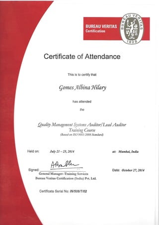 QMS Auditor Certificate - Albina Gomes