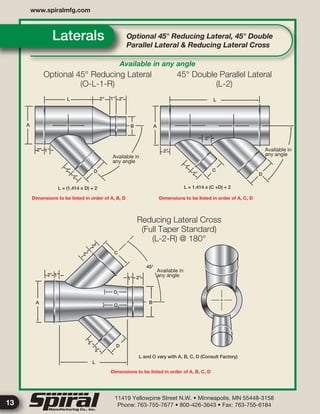 11419 Yellowpine Street N.W. • Minneapolis, MN 55448-3158
Phone: 763-755-7677 • 800-426-3643 • Fax: 763-755-6184
www.spiralmfg.com
13
Optional 45° Reducing Lateral, 45° Double
Parallel Lateral & Reducing Lateral Cross
Laterals
Available in any angle
L
A
2” 1”
2”
2”
D
B A
L
2”
2”
2”
C
D
2”
2”
2”
2” 1”
1” 2”
BA
2”
2”
D
L
C
L = (1.414 x D) + 2 L = 1.414 x (C +D) + 2
45°
2” 2”1”
L and O vary with A, B, C, D (Consult Factory)
O1
O2
Dimensions to be listed in order of A, B, D Dimensions to be listed in order of A, C, D
Dimensions to be listed in order of A, B, C, D
Available in
any angle
Available in
any angle
Available in
any angle
Optional 45° Reducing Lateral
(O-L-1-R)
45° Double Parallel Lateral
(L-2)
Reducing Lateral Cross
(Full Taper Standard)
(L-2-R) @ 180°
 