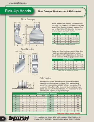 11419 Yellowpine Street N.W. • Minneapolis, MN 55448-3158
Phone: 763-755-7677 • 800-426-3643 • Fax: 763-755-6184
www.spiralmfg.com
17
Pick-Up Hoods Floor Sweeps, Dust Nozzles & Bellmouths
D W A B C
4” 10 6 81
/4 31
/2
5” 20 6 81
/4 31
/2
6” 20 6 81
/4 31
/2
Sizes Available
Other sizes are available on request
D A B E F R
4” 4 8 141
/2 51
/2 11
/2
5” 5 8 141
/2 6 11
/2
6” 6 10 161
/2 7 2
Sizes Available
Other sizes are available on request
D
6”
D
A
B
1”
5
/8”
2”
4”
W
F
D D
R
B
E
B
A
2”
4”
R
Open
Area
151
/4”
C
D
A
R
1˝
1˝
B
As the leader in the industry, Spiral Manufac-
turing Co., Inc. does not put doors on the open
area of Floor Sweeps for safety reasons. The
use of Blast Gates 42˝ above the ﬂoor saves
severed ﬁngers and back injuries.
Radial Arm Saw hoods along with Chop Saw
Hoods are designed to be located behind
the sawblade in a ﬁxed position. All standard
hoods are made of 18 gauge galvanized steel.
See page 19 for more hoods.
Bellmouth ﬁttings are designed to the highest engineering
standards for maximum performance. They are used as a
take-off for a fast, solid, and highly efﬁcient connection. This
conversion ﬁtting, from a ﬂat plenum or duct into Spiral pipe
greatly reduces turbulence and noise. The pressure drop char-
acteristics are superior to any other design.
Standard Radius Bellmouth
D A B R Wt. Lbs. D A B R Wt. Lbs.
3” 8 2.5 1.5 1.2 10” 16 3 2 2.4
4” 9 2.5 1.5 1.3 11” 19 4 3 3.6
5” 10 3 2 1.5 12” 20 4 3 3.8
6” 12 3 2 1.7 14” 22 4 3 4.4
7” 13 3 2 1.9 16” 26 5 4 6.5
8” 14 3 2 2.0 18” 28 5 4 7.1
9” 15 3 2 2.2 20” 30 5 4 7.3
Open Area
Floor Sweeps
Dust Nozzles
Bellmouths
 