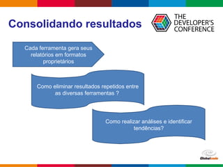 Globalcode – Open4education
Consolidando resultados
Cada ferramenta gera seus
relatórios em formatos
proprietários
Como eliminar resultados repetidos entre
as diversas ferramentas ?
Como realizar análises e identificar
tendências?
 