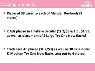 Accomplishments.
• Distro of 38 cases to each of Mandell Keyfoods (9
stores)!
• 2 Ads placed in FineFare circular (1L 2/$3 & 1.5L $1.99)
as well as placement of 5 Large Try One Now Racks!
• TradeFare Ad placed (1L 2/$3) as well as 38 case distro
& Medium Try One Now Racks sent out to 4 stores!
 