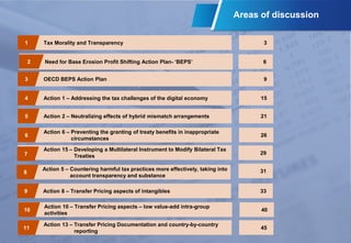 Areas of discussion
Tax Morality and Transparency1 3
OECD BEPS Action Plan3 9
Action 1 – Addressing the tax challenges of ...