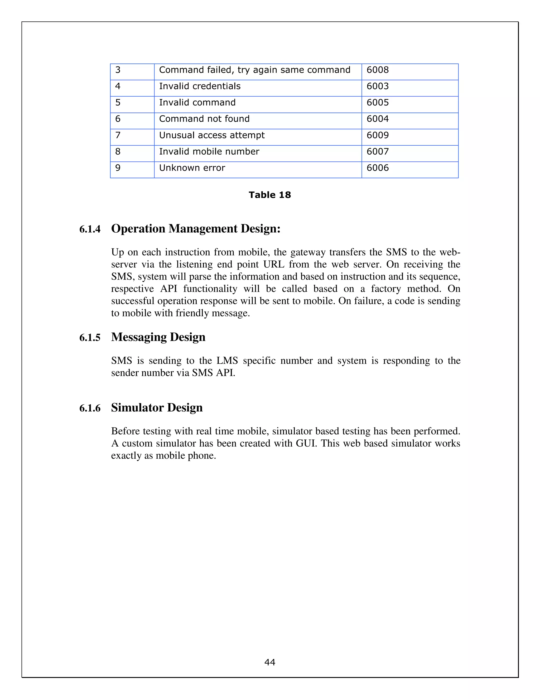 44
3 Command failed, try again same command 6008
4 Invalid credentials 6003
5 Invalid command 6005
6 Command not found 6004
7 Unusual access attempt 6009
8 Invalid mobile number 6007
9 Unknown error 6006
Table 18
6.1.4 Operation Management Design:
Up on each instruction from mobile, the gateway transfers the SMS to the web-
server via the listening end point URL from the web server. On receiving the
SMS, system will parse the information and based on instruction and its sequence,
respective API functionality will be called based on a factory method. On
successful operation response will be sent to mobile. On failure, a code is sending
to mobile with friendly message.
6.1.5 Messaging Design
SMS is sending to the LMS specific number and system is responding to the
sender number via SMS API.
6.1.6 Simulator Design
Before testing with real time mobile, simulator based testing has been performed.
A custom simulator has been created with GUI. This web based simulator works
exactly as mobile phone.
 