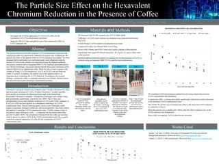The Particle Size Effect on the Hexavalent
Chromium Reduction in the Presence of Coffee
Regis Estevez & Lawrencia Cobbinah | Professor Chulsung Kim | Guttman Community College | City University of New York
Objectives
•  Investigate the potential application of commercial coffee for the
remediation of Cr(VI)-contaminated wastewater.
•  Study the effects of mass and particle size of the commercial coffee on
Cr(VI) reduction rate.
Abstract
The reaction between artificially prepared Cr(VI)-contaminated wastewater and
commercial coffee was observed as a function of reaction time. Furthermore, the
particle size effect of the applied coffee on Cr(VI) reduction was studied. The Well
designed batch experiments were performed under room temperature and the
amount of Cr(VI) in the solution was determined using the diphenylcarbazide
colorimetric method with an Aquamate 8000 UV-Vis modified spectrophotometer
at a 540 nm wavelength. The results indicate that the hexavalent chromium can be
reduced effectively by commercial coffee. When the ratio of mass in gram to the
volume of 50 mg/L Cr (VI) solution in L is 62.5, no Cr (VI) was not observed
within 25 minutes. In addition, the particle size of the applied coffee is an
important factor controlling the Cr (VI) reduction. According to the research
findings, commercial coffee is a potential alternative eco-friendly electron donors
that detoxifies hexavalent chromium contaminated resources.
Materials and Methods
Color developmental
solutions were
prepared by adding
1mL of both
Phosphate Buffer and
DCP solution into test
tubes.
Step 1
One gram of
grounded, sieved
coffee is added into
the beaker containing
40 ml of simulated 50
mg/L of Cr (IV)
contaminated water.
Step 2
At every 5 minutes,
appropriate amount of
samples were taken
followed by filtration.
The filtrate was kept
in a clean test tube.
Transfer 0.1mL of the
filtrate to the color
developmental
solution.
Step 3
After 7 min of color
developmental
period, the amount
of Cr(VI) was
determined using a
spectrophotometer.
Step 4
Results and Conclusions
•  The modified Cr(VI) determination method showed strong relationship between
Cr(VI) concentration and absorbance.
•  Commercial coffee—a strong antioxidant–significantly reduced hexavalent chromium
in the simulated Cr(VI)-contaminated water.
•  The smaller the particle size of commercial coffee is, the faster the Cr(VI) reduction
as a function of time is.
•  When the particle size is smaller than 150um, then the effect of particle size on the
Cr(VI) reduction rate disappeared.
•  More coffee was applied, Cr(VI) reduction rate increased.
Works Cited
•  Jacobs, J. & Test, S. (2004). Overview of Chromium(VI) in the environment:
Background and history. Retrieved from http://www.engr.uconn.edu.
•  Liddell, A. (2015). Coffee polyphenols. Retrieved from http://www.livestrong.com
•  All chemicals used for this research were ACS or higher grade.
•  1,000 mg/L of Cr(VI) stock solution was prepared using potassium dichromate
(K2Cr2O7).
•  A fresh 50 mg/L Cr(VI) solution was prepared every week.
•  Commercial Coffee was obtained from a local shop.
•  Sieves #100 (150um) and #150 (75um) were used to separate coffee particles.
•  Fisherbrand Filter paper P8 (Particle Retention: 20–25µm) was used to filter solid
coffee particles.
•  Modified diphenylcarbazide method was adopted for the determination of Cr(VI) in
solutions using an Aquamate 8000 UV-Vis modified spectrophotometer
Chromium is primarily found in two oxidation states: trivalent chromium [Cr (III)]
and hexavalent chromium [Cr (VI)]. Trivalent Chromium is a stable insoluble
form and has an essential role balancing blood sugar in the human body.
Hexavalent Chromium is unstable, “considered a carcinogen and a surface water
and groundwater contaminant” (Jacobs & Test, 2004). Due to these two
distinguishing toxicity and solubility properties of Cr(VI) and Cr(III), reduction of
Cr(VI) to Cr(III) has been applied as a remediation technology for Cr(VI)-
contaminated water. Various reducing agents, such as iron compounds, small
organic compounds, hydrogen sulfide gas, and microorganisms, have been studied
and applied to remediate Cr(VI)-contaminated water. “Coffee contains a type of
polyphenol called chlorogenic acids… a compound that has potent antioxidant
activity” (Liddell, 2015). The polyphenols liberated from the coffee are potential
electron donors to reduce Cr(VI) in the Cr(VI)-contaminated water This research
studied the potential application of coffee for the remediation of Cr(VI)-
contaminated water.
Introduction
0
10
20
30
40
50
60
0 5 10 15 20 25 30 35 40 45 50
Cr(VI)inmg/L
TIME (MINUTES)
MASS EFFECTS ON Cr(VI) REDUCTION
Cr(VI) solution: 40 mL OF 50 mg/L CR(VI)
1 gram of coffee 2g coffee 2.5g coffee
0
10
20
30
40
50
0 5 10 15 20 25 30 35 40
[Cr(VI)]inmg/L
REACTION TIME (MINUTES)
THE PARTICLE SIZE EFFECT ON Cr(VI) REDUCTION
> 150 macro meter 150 macro meter < x > 75 macro meter 75 macro meter
y = 0.0351x + 0.2627
R² = 0.99566
0.00
0.50
1.00
1.50
2.00
2.50
0 10 20 30 40 50 60
ABSORBANCE
TIME (MINUTES)
Cr(VI) STANDARD CURVE
 