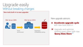 Upgrade easily
Without breaking changes
Clone
environment
Upgrade &
compatibility testing

Accelerate upgrade cycle
with new tools built-in
New tools built-in to ease upgrades
New upgrade advisors
Upgrade and optimize
existing query plans with new
Query Data Store
NEW
 