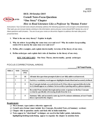 Jenkins
Eng 12CP
DUE: 30 October2015
Cornell Notes Focus Questions
“One Story” Chapter
How to Read Literature Like a Professor by Thomas Foster
Instructions: Your Cornell notes should ultimately address the following questions and concepts articulated below.
That said, you are not just merely sticking to this information alone and your notes should NOT merely be a list of
these questions with answers. You are to use your notes on the entire chapter to address the main idea points
presented here.
1. What is the one story theory? Explain in depth.
2. Why do writers keeptelling the same story over and over? Why do readers keepreading
stories if it is merely the same story over and over?
3. Define, offer examples, and explain intertextuality in terms of the theory of one story.
4. Define archetypes and explain their roles & functions in the theory of one story.
KEY VOCABULARY: One Story Theory, intertextuality, parody archetypes
FOCUS CORRECTIONAL AREAS
________/ 30 Total Points
MRS J YOU TOTAL
PTS
10 10 All main idea questions prompted (above) are fully addressed/answered.
5 5 Each key vocabulary word appears highlighted/underlined and accurately defined.
4 5 Key Concepts include a record ofat least 8-10 key ideas expressed directly in the
text (should appear as a balance between direct quoting and key phrases/points).
5 5 Recorded Notes include thorough and accurate responses to the Key Concepts
section by specifically referencing details from the text.
5 5 Summary fully and accurately sums up, in 6-8 sentences minimum, at least 5 main
ideas expressed in the chapter.
Requirements:
❏ MLA format; types (unless otherwise approved)
❏ Cornell notes format (must include Key Concepts, Recorded Notes, & Summary sections)
❏ Chapter title in quotation marks and book title in italics/underline
❏ Notes appear in “short-hand” techniques are used in that bullet points, indentation,
highlighting/bolding/underlining appear to organize the chapter in notation form
 