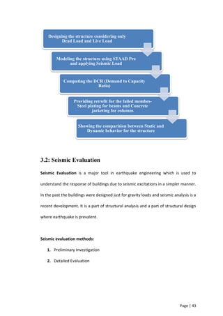 Page | 43
3.2: Seismic Evaluation
Seismic Evaluation is a major tool in earthquake engineering which is used to
understand the response of buildings due to seismic excitations in a simpler manner.
In the past the buildings were designed just for gravity loads and seismic analysis is a
recent development. It is a part of structural analysis and a part of structural design
where earthquake is prevalent.
Seismic evaluation methods:
1. Preliminary Investigation
2. Detailed Evaluation
Designing the structure considering only
Dead Load and Live Load
Modeling the structure using STAAD Pro
and applying Seismic Load
Computing the DCR (Demand to Capacity
Ratio)
Providing retrofit for the failed membes-
Steel plating for beams and Concrete
jacketing for columns
Showing the comparision between Static and
Dynamic behavior for the structure
 