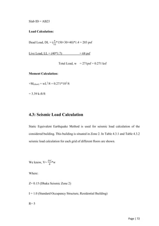 Page | 72
Slab ID = AB23
Load Calculation:
Dead Load, DL = (
6
12
*150+30+40)*1.4 = 203 psf
Live Load, LL = (40*1.7) = 68 psf
Total Load, w = 271psf = 0.271 ksf
Moment Calculation:
+M(short) = wL2
/8 = 0.271*102
/8
= 3.39 k-ft/ft
4.3: Seismic Load Calculation
Static Equivalent Earthquake Method is used for seismic load calculation of the
considered building. This building is situated in Zone 2. In Table 4.3.1 and Table 4.3.2
seismic load calculation for each grid of different floors are shown.
We know, V=
𝑍𝐼𝐶
𝑅
*w
Where:
Z= 0.15 (Dhaka Seismic Zone 2)
I = 1.0 (Standard Occupancy Structure, Residential Building)
R= 5
 
