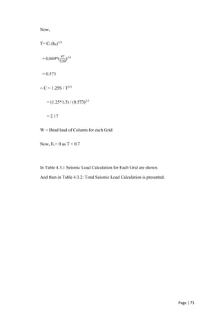 Page | 73
Now,
T= Ct (hn)3/4
= 0.049*(
87
3.28
)3/4
= 0.573
∴ C = 1.25S / T2/3
= (1.25*1.5) / (0.573)2/3
= 2.17
W = Dead load of Column for each Grid
Now, Ft = 0 as T < 0.7
In Table 4.3.1 Seismic Load Calculation for Each Grid are shown.
And then in Table 4.3.2: Total Seismic Load Calculation is presented.
 