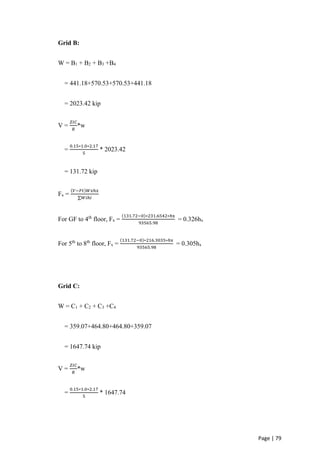 Page | 79
Grid B:
W = B1 + B2 + B3 +B4
= 441.18+570.53+570.53+441.18
= 2023.42 kip
V =
𝑍𝐼𝐶
𝑅
*w
=
0.15∗1.0∗2.17
5
* 2023.42
= 131.72 kip
Fx =
(𝑉−𝐹𝑡)𝑊𝑥ℎ𝑥
⅀𝑊𝑖ℎ𝑖
For GF to 4th
floor, Fx =
(131.72−0)∗231.6542∗ℎx
93565.98
= 0.326hx
For 5th
to 8th
floor, Fx =
(131.72−0)∗216.3035∗ℎx
93565.98
= 0.305hx
Grid C:
W = C1 + C2 + C3 +C4
= 359.07+464.80+464.80+359.07
= 1647.74 kip
V =
𝑍𝐼𝐶
𝑅
*w
=
0.15∗1.0∗2.17
5
* 1647.74
 