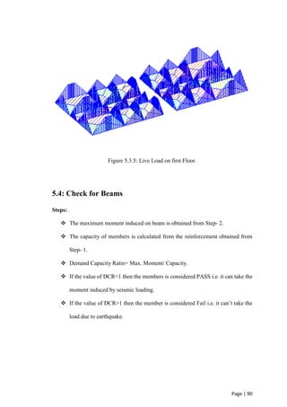 Page | 90
Figure 5.3.5: Live Load on first Floor.
5.4: Check for Beams
Steps:
 The maximum moment induced on beam is obtained from Step- 2.
 The capacity of members is calculated from the reinforcement obtained from
Step- 1.
 Demand Capacity Ratio= Max. Moment/ Capacity.
 If the value of DCR<1 then the members is considered PASS i.e. it can take the
moment induced by seismic loading.
 If the value of DCR>1 then the member is considered Fail i.e. it can’t take the
load due to earthquake.
 