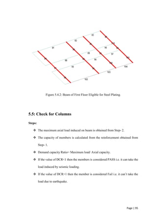 Page | 95
Figure 5.4.2: Beam of First Floor Eligible for Steel Plating.
5.5: Check for Columns
Steps:
 The maximum axial load induced on beam is obtained from Step- 2.
 The capacity of members is calculated from the reinforcement obtained from
Step- 1.
 Demand capacity Ratio= Maximum load/ Axial capacity.
 If the value of DCR<1 then the members is considered PASS i.e. it can take the
load induced by seismic loading.
 If the value of DCR>1 then the member is considered Fail i.e. it can’t take the
load due to earthquake.
 
