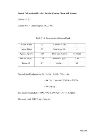 Page | 96
Sample Calculation of Level 01 Interior Column Check with Seismic:
Column ID: B3
Column No: 74 (According to STAAD Pro)
Table 5.5.1: Parameters for Column Check
Width, W(in) 23 C. cover, cc (in) 2
Height, H(in) 23 Total layer, NL 4
Agross, Ag(in²) 529 Steel area, As(in²) 14.72622
Bar dia, db(in) 1.25 Steel ratio, p(%) 2.784
Factor, ρh 0.7 Alpha = 0.8
Nominal Axial load capacity, Pn = As*fy + 0.85 fc’ * (Ag – As)
= 14.72622*50 + 0.85*3*(529-14.72622)
= 2047.71 kip
Ult. Axial Strength, Pult = 0.8*0.7*Pn= 0.8*0.7*2047.71= 1146.72 kip
Maximum Load: 1146.72 kip (Capacity)
 