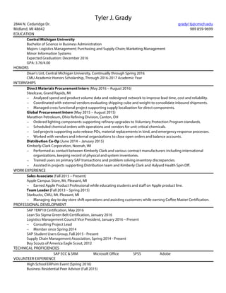 Tyler J. Grady
2844 N. Cedaridge Dr. grady1tj@cmich.edu
Midland, MI 48642 989 859-9699
EDUCATION
Central Michigan University
Bachelor of Science in Business Administration
Majors: Logistics Management; Purchasing and Supply Chain; Marketing Management
Minor: Information Systems
Expected Graduation: December 2016
GPA: 3.76/4.00
HONORS
Dean’s List, Central Michigan University, Continually through Spring 2016
CMU Academic Honors Scholarship, Through 2016-2017 Academic Year
INTERNSHIPS
Direct Materials Procurement Intern (May 2016 – August 2016)
Steelcase, Grand Rapids, MI
− Analyzed spend and product volume data and redesigned network to improve lead time, cost and reliability.
− Coordinated with external vendors evaluating shipping cube and weight to consolidate inbound shipments.
− Managed cross functional project supporting supply localization for direct components.
Global Procurement Intern (May 2015 – August 2015)
Marathon Petroleum, Ohio Refining Division, Canton, OH
− Ordered lighting components supporting refinery upgrades to Voluntary Protection Program standards.
− Scheduled chemical orders with operations and vendors for unit critical chemicals.
− Led projects supporting auto-release POs, material replacements in kind, and emergency response processes.
− Worked with vendors and internal organizations to close open orders and balance accounts.
Distribution Co-Op (June 2014 – January 2015)
Kimberly-Clark Corporation, Neenah, WI
− Performed as contact between Kimberly Clark and various contract manufacturers including international
organizations, keeping record of physical and system inventories.
− Trained users on primary SAP transactions and problem solving inventory discrepancies.  
− Assisted in projects supporting Distribution team and Kimberly Clark and Halyard Health Spin Off.  
WORK EXPERIENCE
Sales Associate (Fall 2015 – Present)
Apple Campus Store, Mt. Pleasant, MI
− Earned Apple Product Professional while educating students and staff on Apple product line.
Team Leader (Fall 2013 – Spring 2015)
Starbucks, CMU, Mt. Pleasant, MI
− Managing day to day store shift operations and assisting customers while earning Coffee Master Certification.
PROFESSIONAL DEVELOPMENT
SAP TERP10 Certification, May 2016
Lean Six Sigma Green Belt Certification, January 2016
Logistics Management Council Vice President, January 2016 – Present
− Consulting Project Lead
− Member since Spring 2014
SAP Student Users Group, Fall 2015 - Present
Supply Chain Management Association, Spring 2014 - Present
Boy Scouts of America Eagle Scout, 2012
TECHNICAL PROFICIENCIES
SAP ECC & SRM Microsoft Office SPSS Adobe
VOLUNTEER EXPERIENCE
High School ERPsim Event (Spring 2016)
Business Residential Peer Advisor (Fall 2015)
 